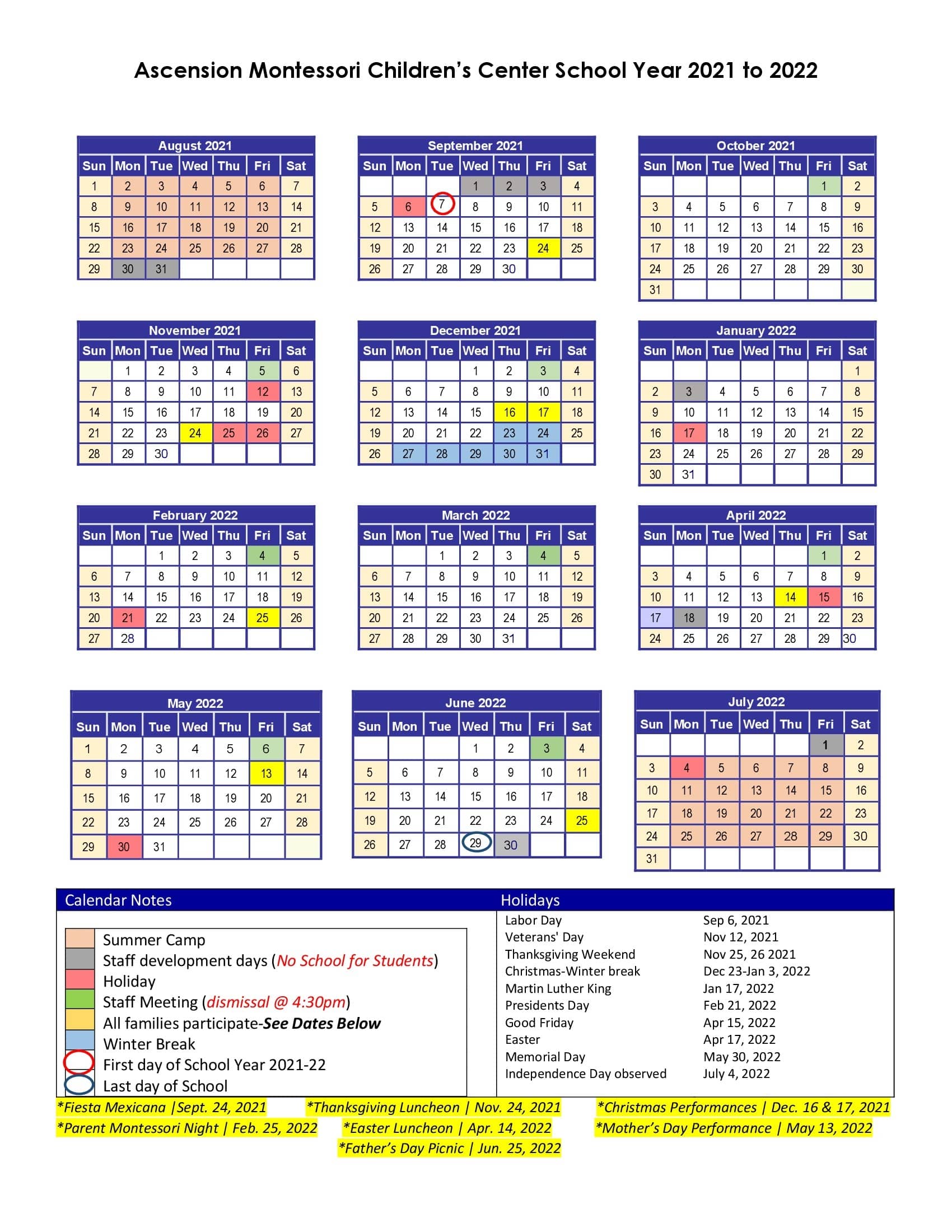 Calendar – Ascension Montessori